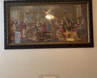 Framed tapestry of colonial scene