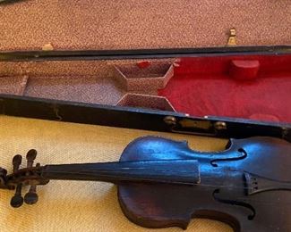 Antique Wood Violin, Bow, and Case