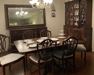 VANSKIVER MID-CENTURY DINING TABLE. 6 COORDINATING CHAIRS