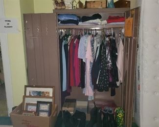 Clothes, shoes, frames and a metal closet