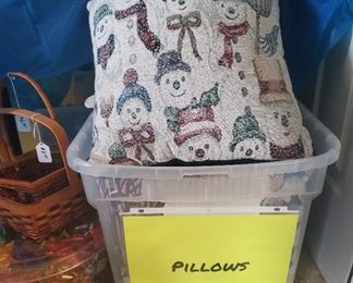 Christmas pillows, baskets and bows