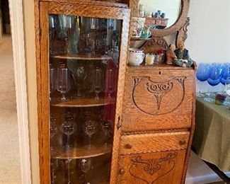 Antique Oak Cabinet Secretary  Desk with Glass  Door and Mirror