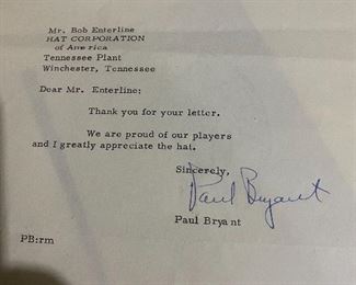 Autograph form Paul "Bear" Bryant