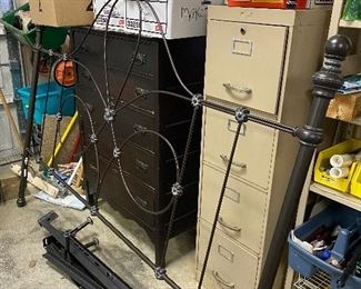 Metal Filing Cabinet, Queen Bed Headboard and Rails