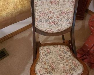 Antique Victorian folding rocking chair tapestry seat and back