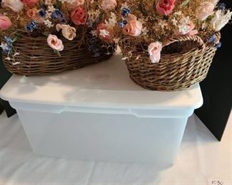 Two floral decor and a storage tote