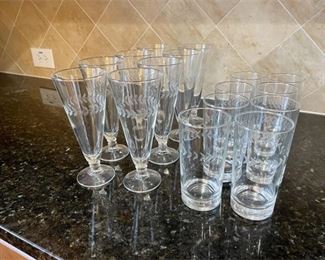 16 VintageEtched Glass Drinking Glasses Water Glasses  Footed Pilsner Glasses