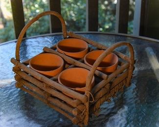 wooden holder, small terracotta pots