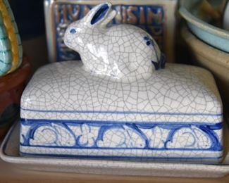 blue and white ceramic bunny butter dish