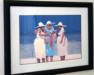 framed art, three women in hats with fish