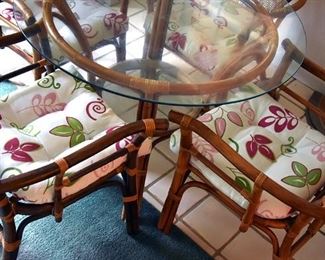 bamboo dining set, glass top table, 4/four chairs