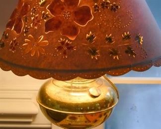brass lamp with colorful paper shade, converted oil lamp