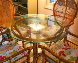 wicker dining set, table (two glass levels) with four/4 chairs