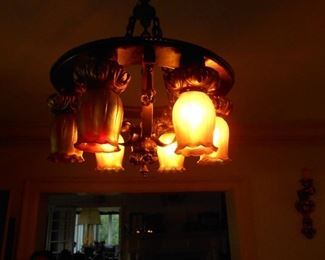 Antique light fixture with art glass shades
