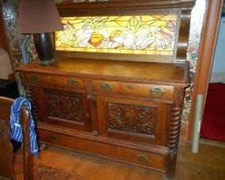 Oak sideboard with light up stained glass panel