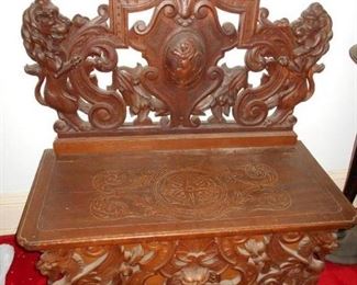 Antique carved hall bench with storage