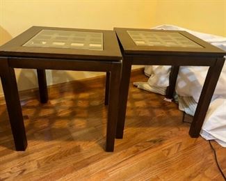 Matching wood and glass end tables (side tables). Each is 23"H x 22"D x 22"W.  
