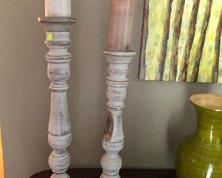 matching distressed white candleholders are 27"H