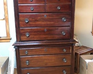 Armoire /dresser - three drawers on top; three drawers on bottom. 62"H x 19"D x 41"W.  Fine wood details and vintage styled knobs.