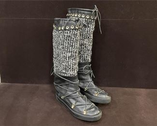 Black Tweed and Leather Moncler Boots