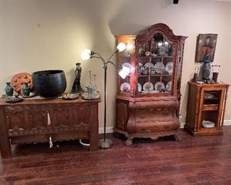 18TH C. GERMAN SIDEBOARD, JACOBEAN STYLE. DUTCH BOMBE STYLE CHINA CABINETWITH "HAIRY PAW" FEET. BIEDERMEIER 19TH C. MUSIC CABINET.