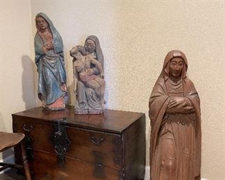 18TH C. KOREAN TANSU CHEST. ANTIQUE VIRGIN MARY SCULPTURES.
