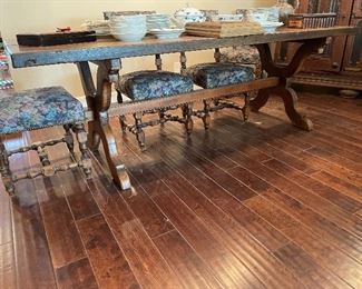 17TH C. TRESTLE DINING TABLE FROM A SPANISH MONASTERY.  6 -19TH C. CHAIRS.