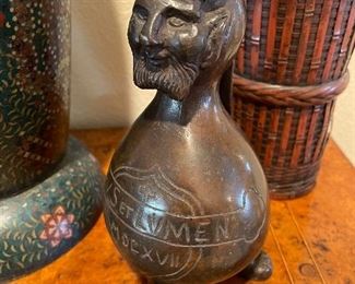 OLD BRONZE SACRAL AQUAMANILLE RITUAL WATER VESSEL, ENGRAVED IN LATIN "DEV ET LVMEN MDCXV", 1615