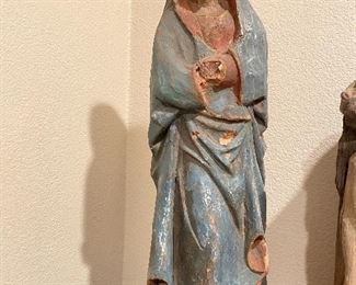 ANTIQUE VIRGIN MARY POLYCHROMED CARVED WOOD SCULPTURE
