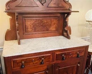 6- $1,495.00 Victorian Hunting sideboard, burl walnut, original pulls. Grey carrerra marble.  • 88high 48across 20deep