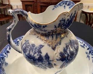 #12- $100 England ironstone blue,white & gold 
basin • 6high 17across 
picture • 13high 11across