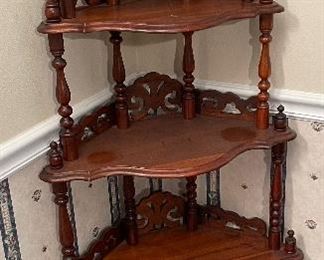 #15 - $395 Victorian why not mahogany carved corner shelf  • 5 shelves  • 58high 29wide  • 20 bisecting corner