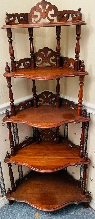 #15 - $395 Victorian why not mahogany carved corner shelf  • 5 shelves  • 58high 29wide  • 20 bisecting corner