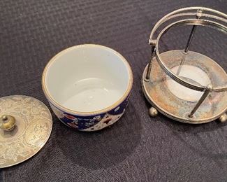 19- $44 English porcelain Jelly container porcelain & metal