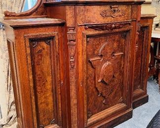 20- $995 Gothic & Victorian burl walnut marble top sideboard (marble original has slight damage)  • 55high 54wide 19deep
