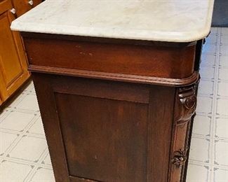#30 - $695 French Victorian chest four drawers with fruit carving, original grey marble top  • 36high 52wide 24deep