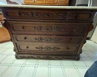 #30 - $695 French Victorian chest four drawers with fruit carving, original grey marble top  • 36high 52wide 24deep