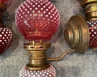 #33 - $395 Set of four hobnail Fenton cranberry  4bases and 3 globes  • 15high 8across
