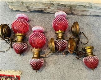 #33 - $395 Set of four hobnail Fenton cranberry  4bases and 3 globes  • 15high 8across
