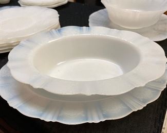 #41 - $495 Monax "American sweetheart" milk glass transluscent 
.
Scroll to view list:
8 tea cup
8 fruit bowll 
8 small ball 
6 white charger plate 
5 large white charger
1 oblong serving bowl and platter 
1 round serving bowl and platter
2 bread plates
3 luncheon plates 
2 dinner plates