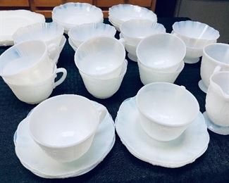 #41 - $495 Monax "American sweetheart" milk glass transluscent 
.
Scroll to view list:
8 tea cup
8 fruit bowll 
8 small ball 
6 white charger plate 
5 large white charger
1 oblong serving bowl and platter 
1 round serving bowl and platter
2 bread plates
3 luncheon plates 
2 dinner plates total 44 pieces