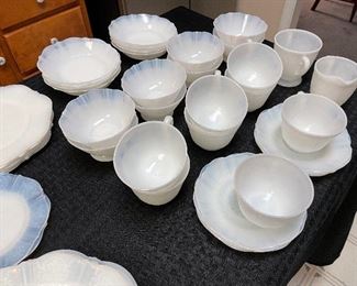 #41 - $495 Monax "American sweetheart" milk glass transluscent 
.
Scroll to view list:
8 tea cup
8 fruit bowll 
8 small ball 
6 white charger plate 
5 large white charger
1 oblong serving bowl and platter 
1 round serving bowl and platter
2 bread plates
3 luncheon plates 
2 dinner plates