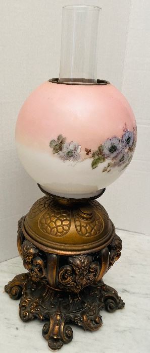 #42 - $69 Pink glass glass lamp electrified with bronze metal base  • 20high 8across