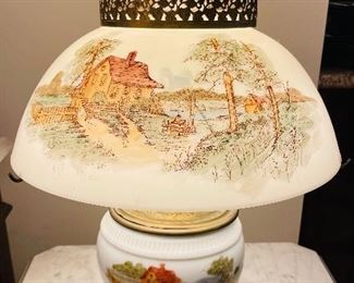#45 - $180 - Porcelain painted gas lamp electrified with cottage scene   • 22high 15across