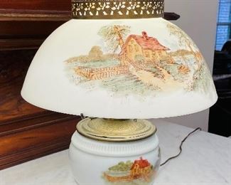 #45 - $180 - Porcelain painted gas lamp electrified with cottage scene   • 22high 15across