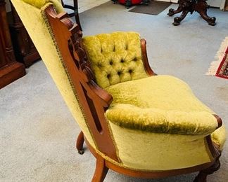 #51 - $695 Pair of Renaissance Revival carved walnut and burl walnut parlor chairs, Chartreuse velvet upholstery. (in the manner of John Jeliff)
Male arm chair  • 38high 31wide 30deep
Female armless chair • 36high 24wide 26deep