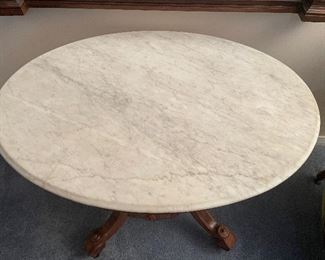 #52 - $450 - Burl walnut oval top side table, original grey marble • 29high 37wide 28deep 