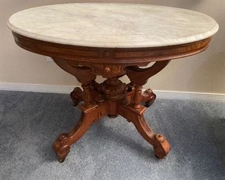 #52 - $450 - Burl walnut oval top side table, original grey marble • 29high 37wide 28deep 