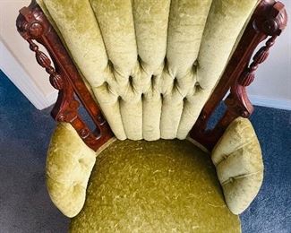 #51 - $695 Pair of Renaissance Revival carved walnut and burl walnut parlor chairs, Chartreuse velvet upholstery. (in the manner of John Jeliff)
Male arm chair  • 38high 31wide 30deep
Female armless chair • 36high 24wide 26deep