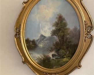 #53 - $375 Set of two oval watercolors in gilt frames 
cabin picture  • 26 x 22
mountain tree picture  • 27 x 23